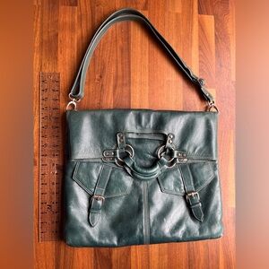 Large Teal Green Leather Convertible Crossbody Shopper Tote